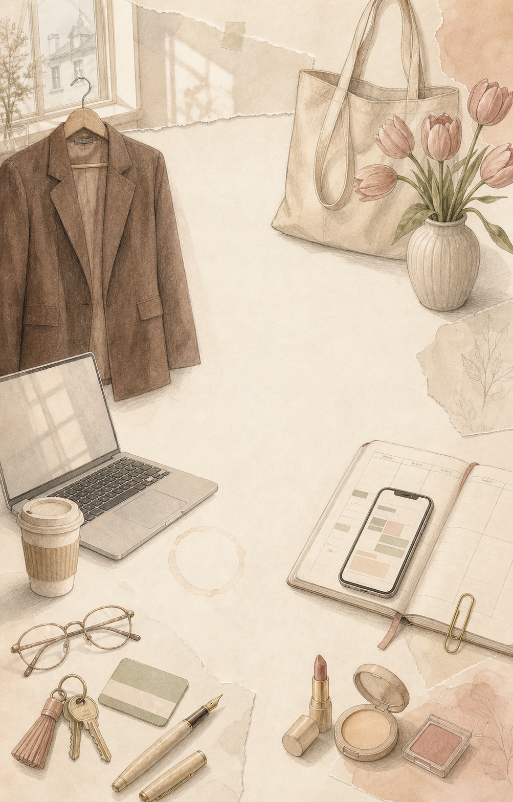 Illustrated lifestyle vision board with a blazer, tote bag, tulips, laptop, coffee, planner, phone, glasses, keys, pen, and a small group of beauty products