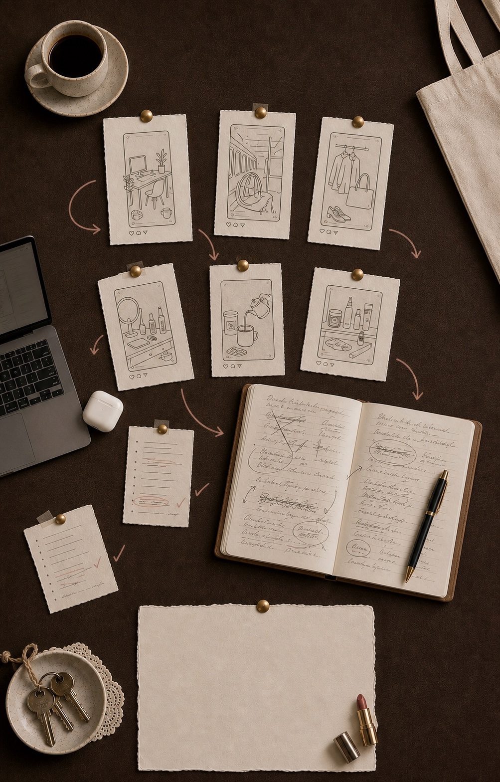 Editorial creator research desk anchored by an enlarged annotated notebook, six distinct lifestyle observation cards, two evidence notes, a subdued cropped laptop, partial tote, coffee, keys, and a large concluding Field Note