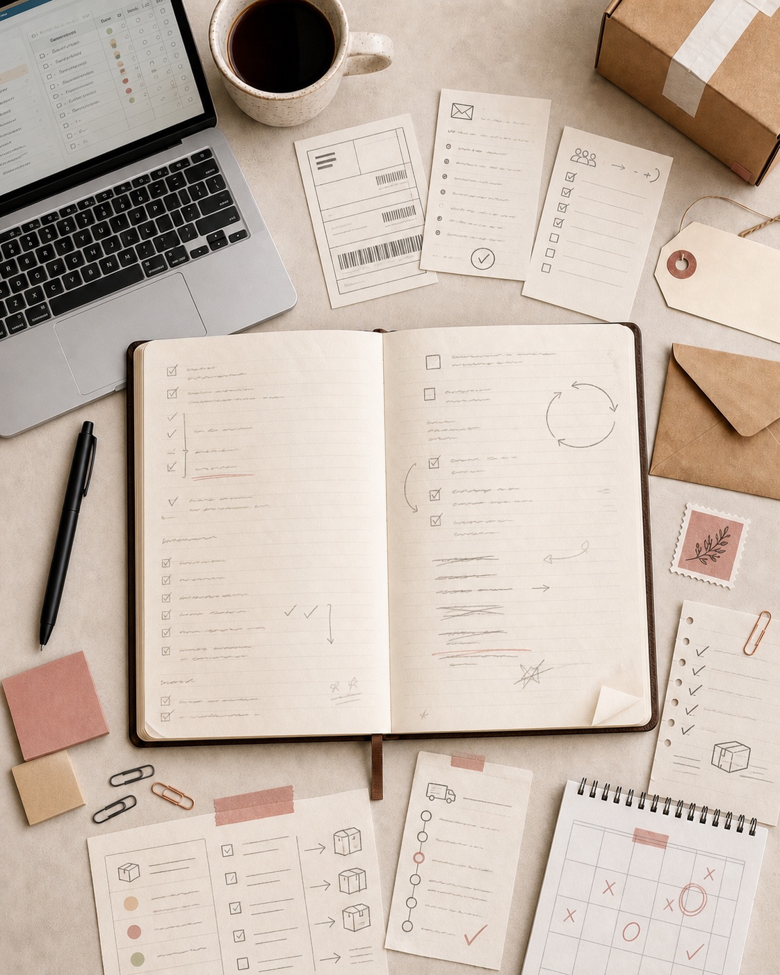 Overhead creator-partnership operations desk with an actively used notebook, collaboration tracker, email and shipping status interface, shipping labels, communication memo, affiliate checklist, product-matching sheet, package tracking slip, calendar, and working stationery