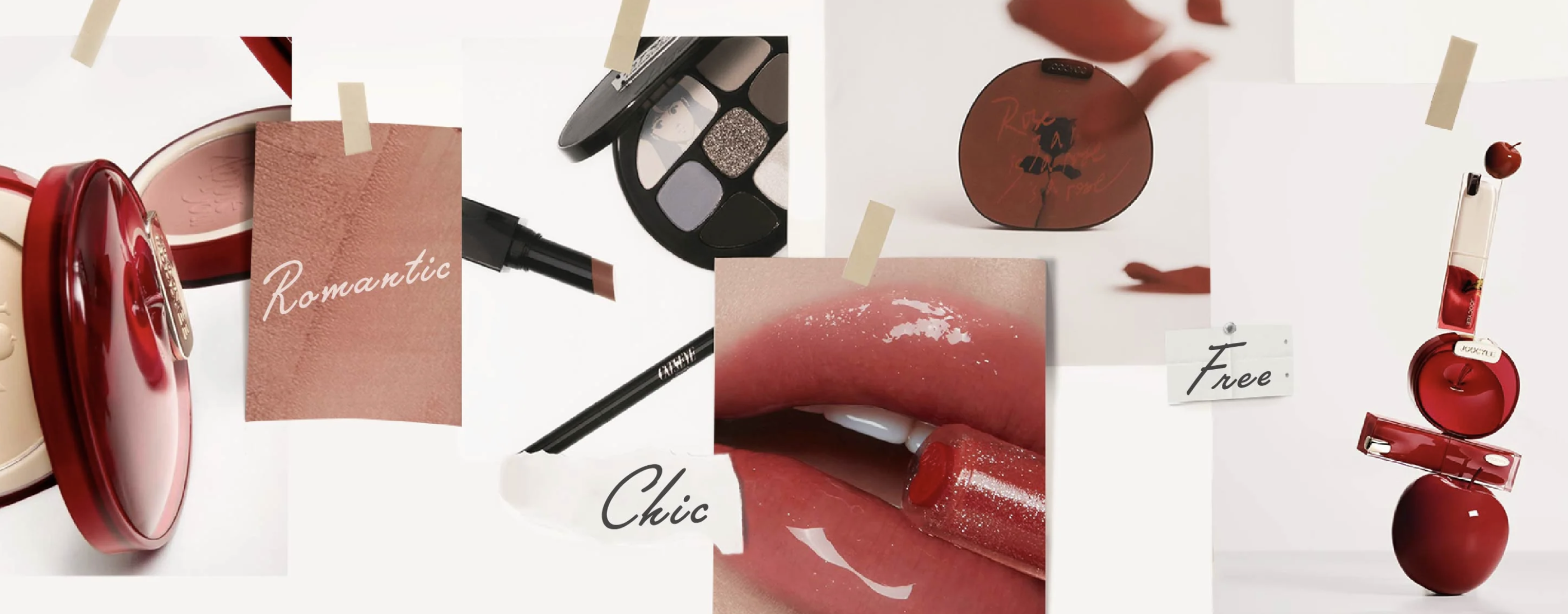 JOOCYEE red-toned editorial collage featuring blush, eye makeup, glossy lips, and suspended product packaging